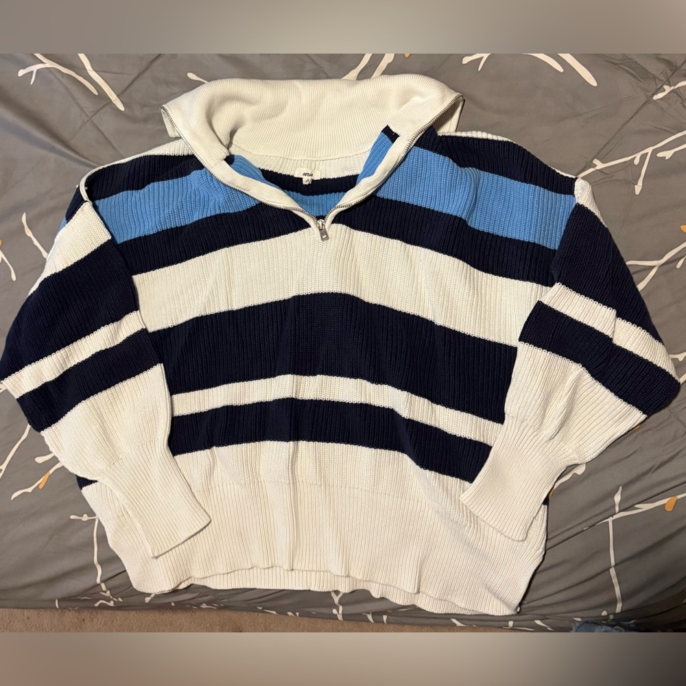 aerie Striped Cowl Quarter-Zip Sweater - White, Navy & Light Blue size Small